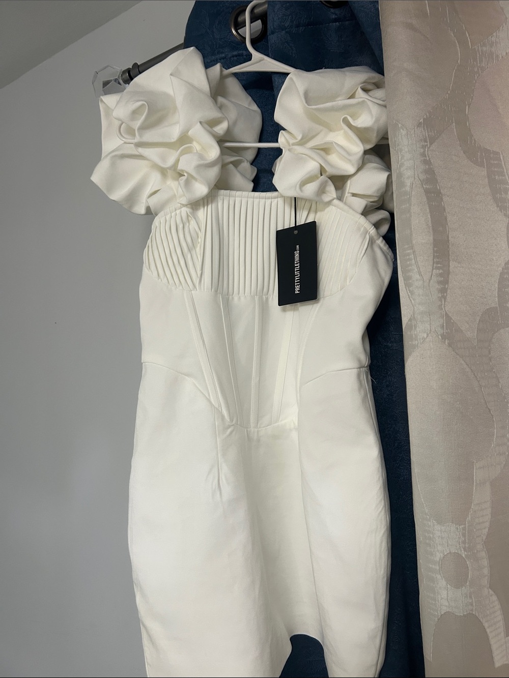 PrettyLittleThing Ivory Ruffle-Shoulder Mini Dress